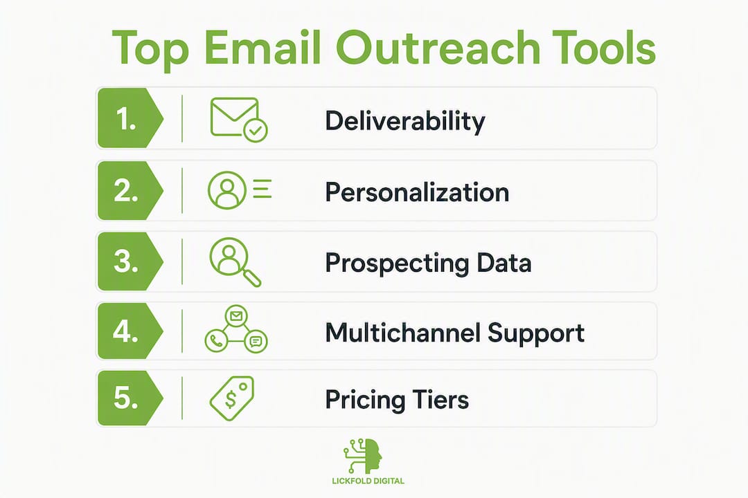 Infographic showing ranked email outreach tool features
