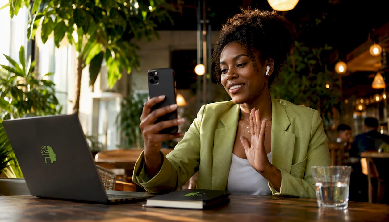 Businesswoman recording video message outreach