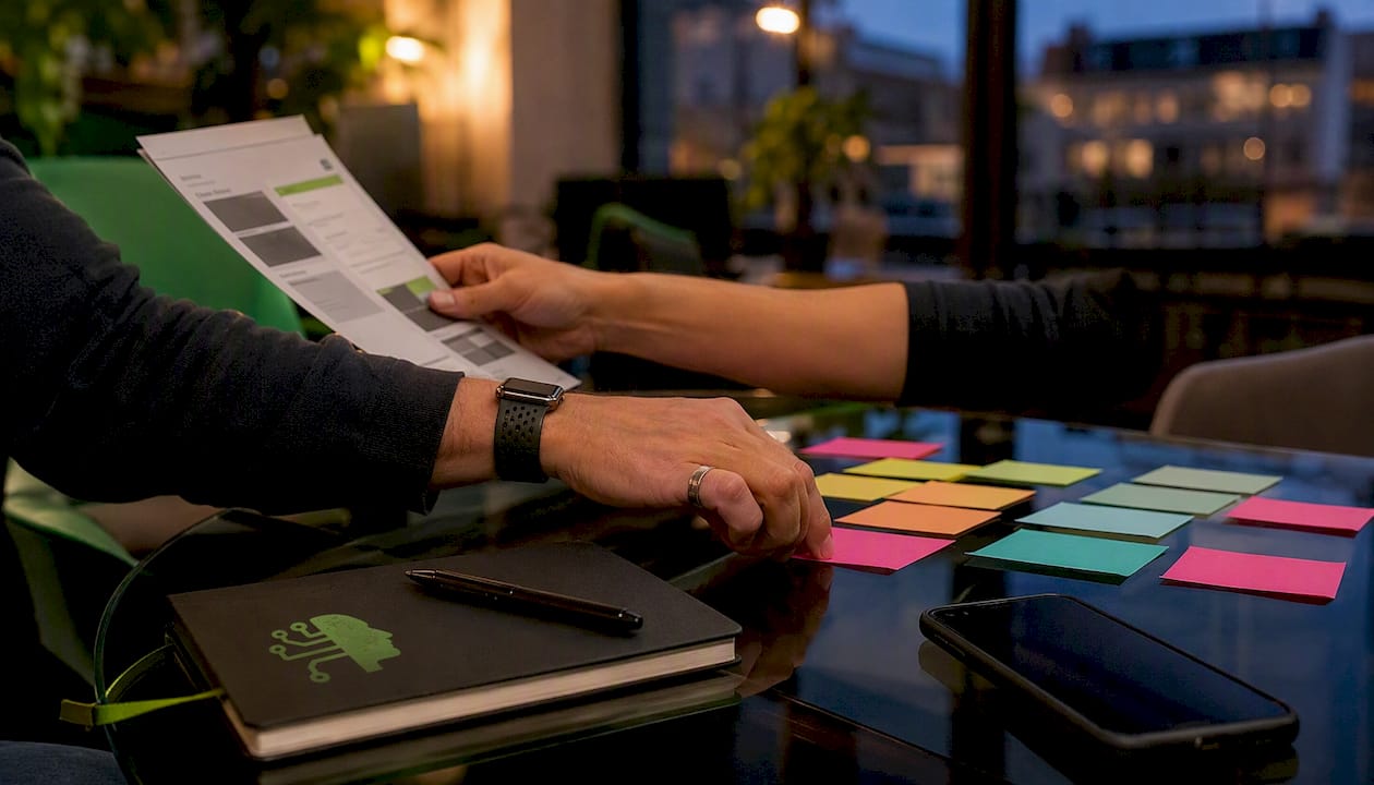 Hands arranging marketing touchpoints