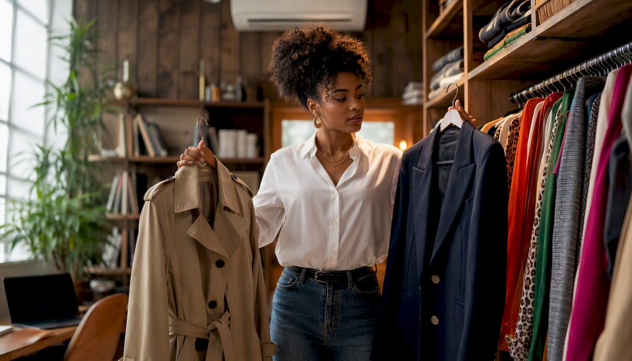 Mulher indecisa a experimentar várias roupas no roupeiro