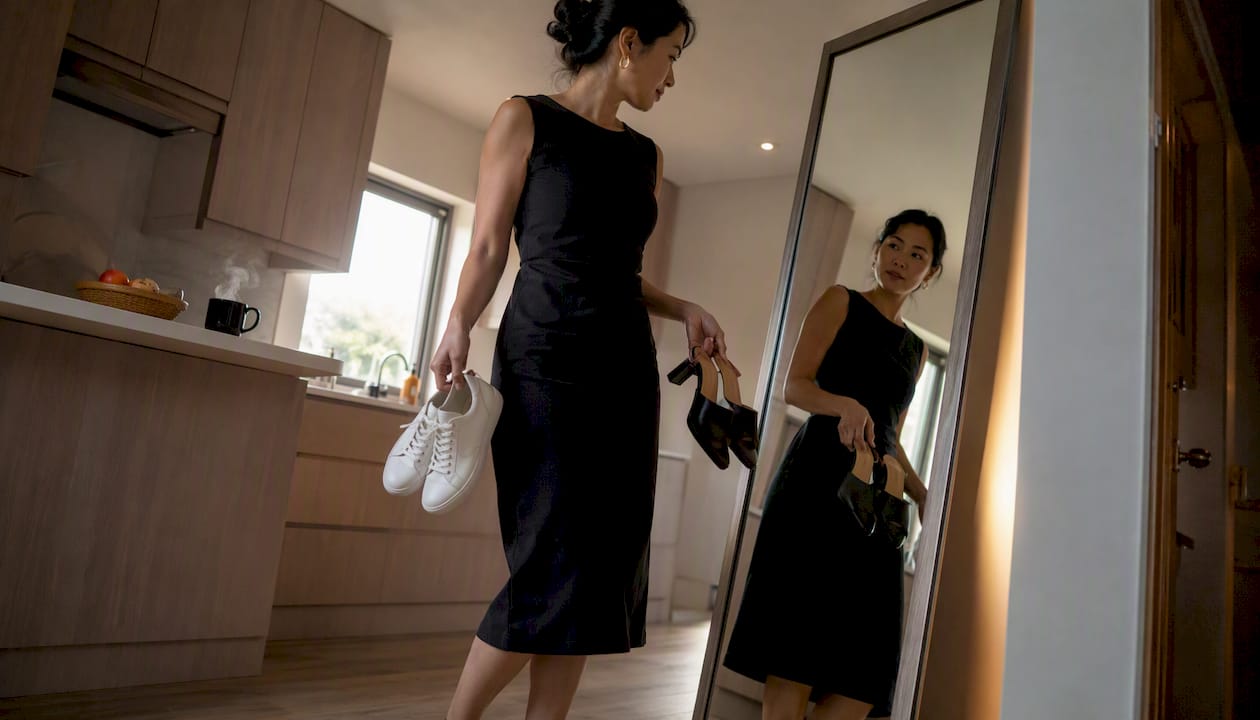 Uma mulher na varanda a decidir que sapatos vai usar com o vestido.