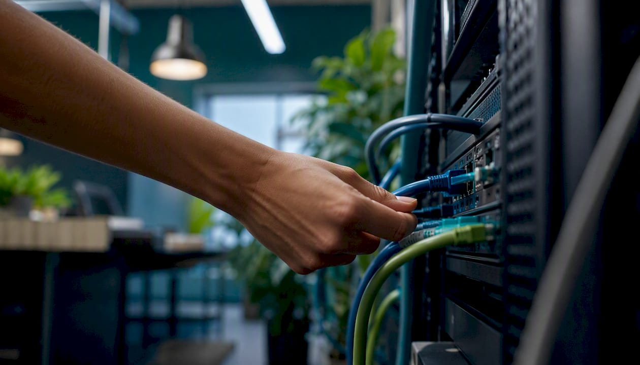 Hand connecting cables to AI server rack