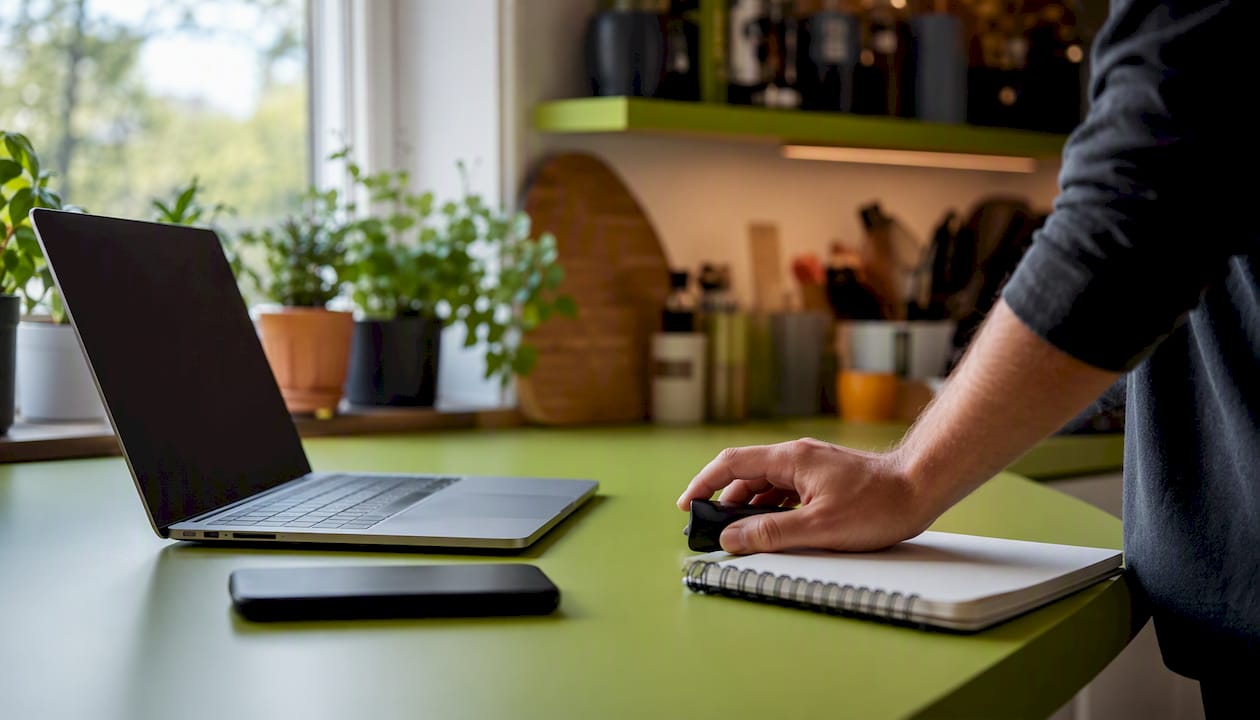 Hand adjusting device on modern office desk