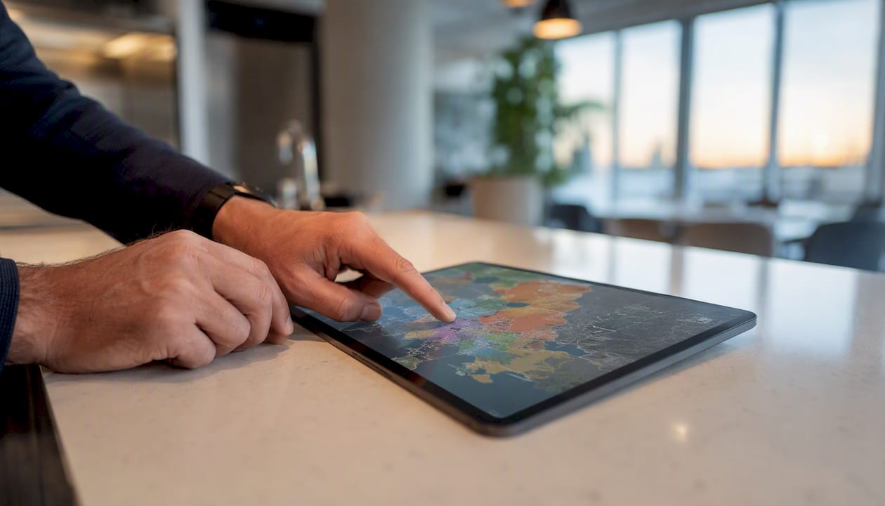 Hands pointing at map while planning market expansion