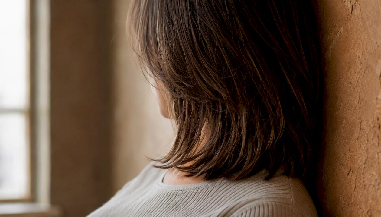 Mulher com corte de cabelo médio, em camadas, estilo bob
