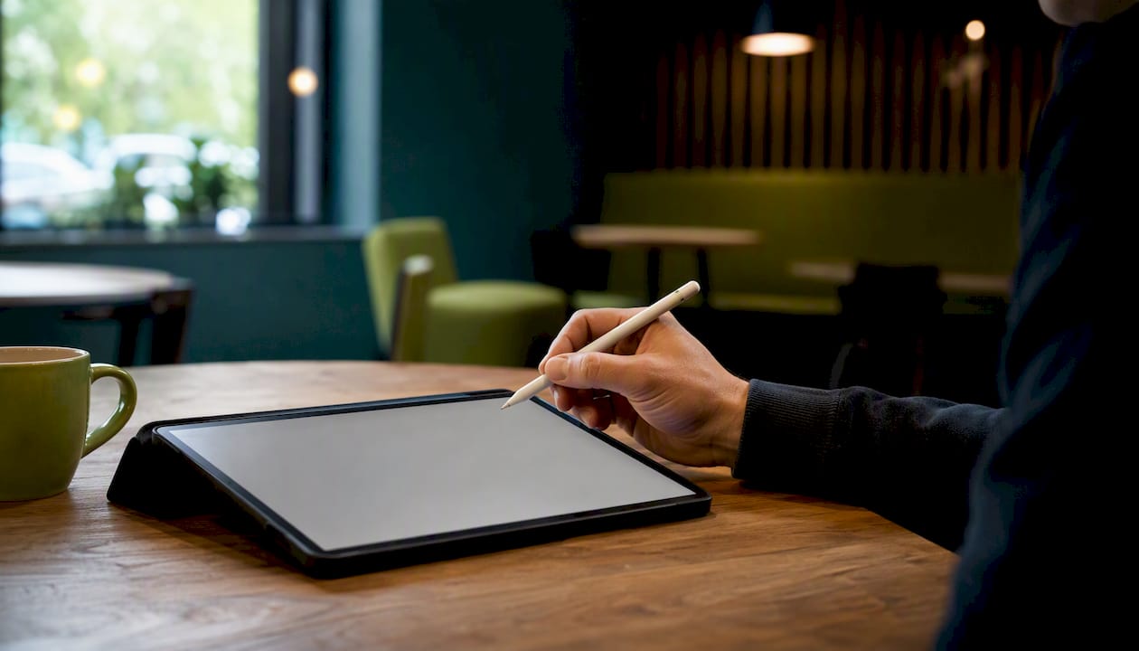 Hand holding pen over tablet to rewrite message