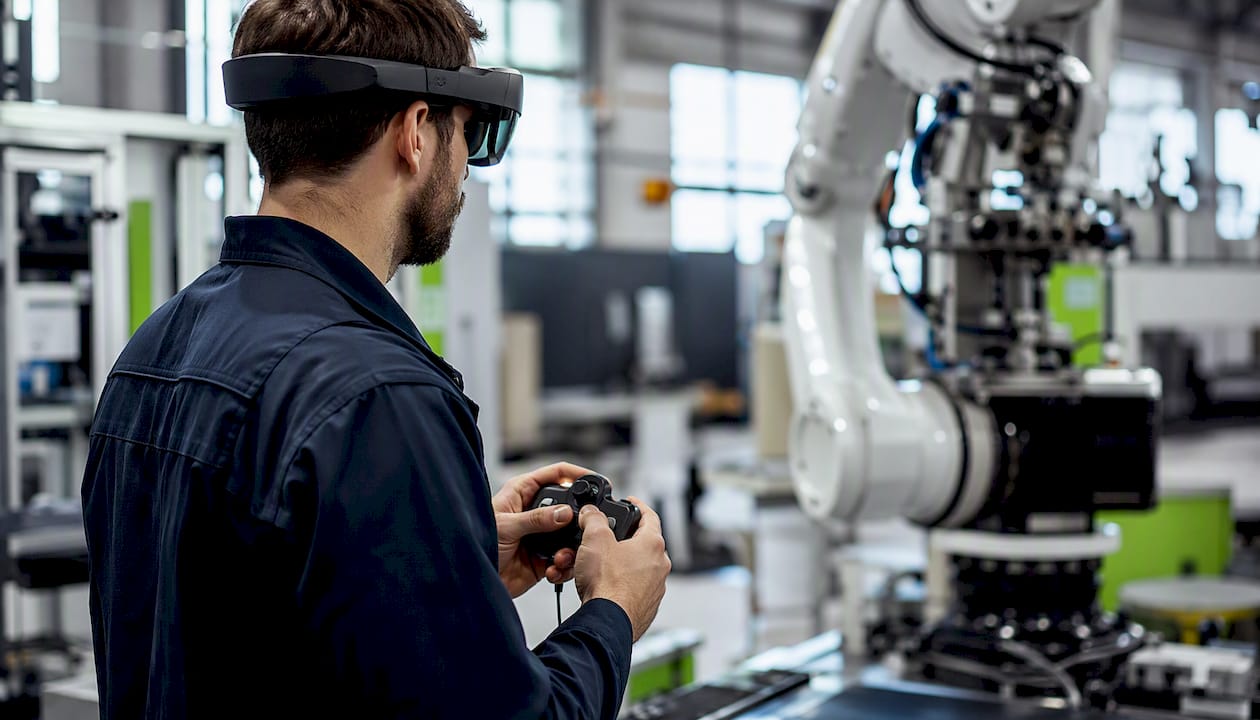 Technician guiding modular robot arm with AR controller