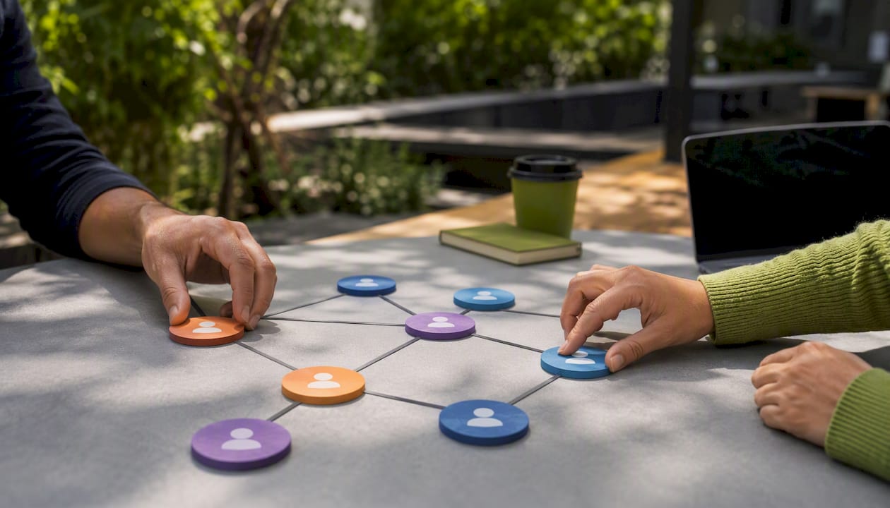 Hands adjusting tokens in sales AI agent workflow model
