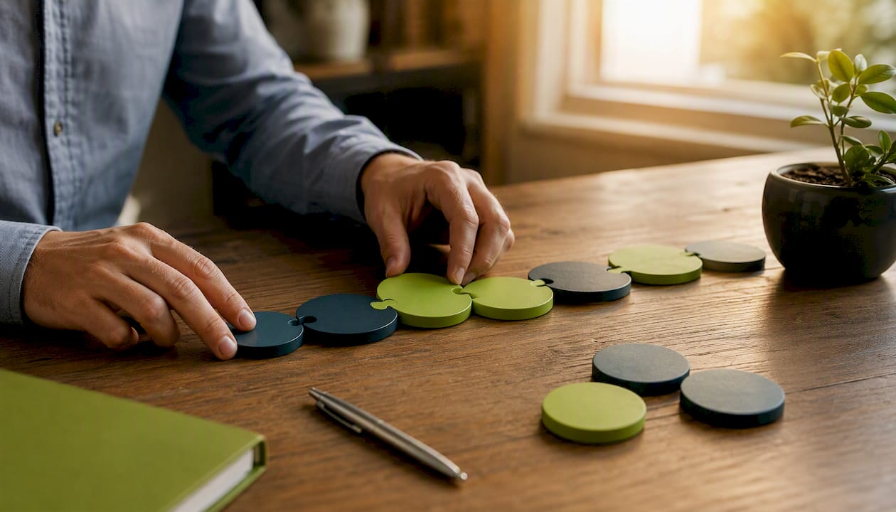 Hands connecting sales workflow tokens on desk