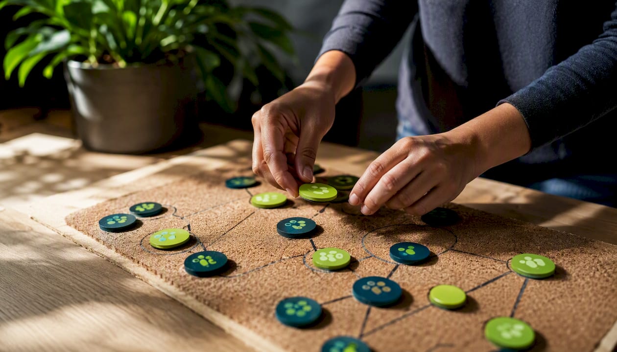 Hands arranging personalized sales tokens on map