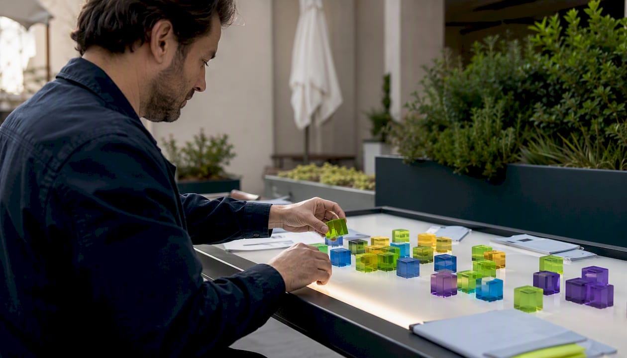 Hands sorting data blocks on illuminated table