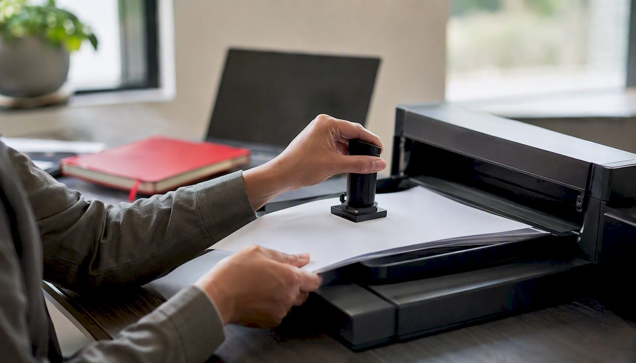 Mãos carimbando registros digitais de admissão no RH