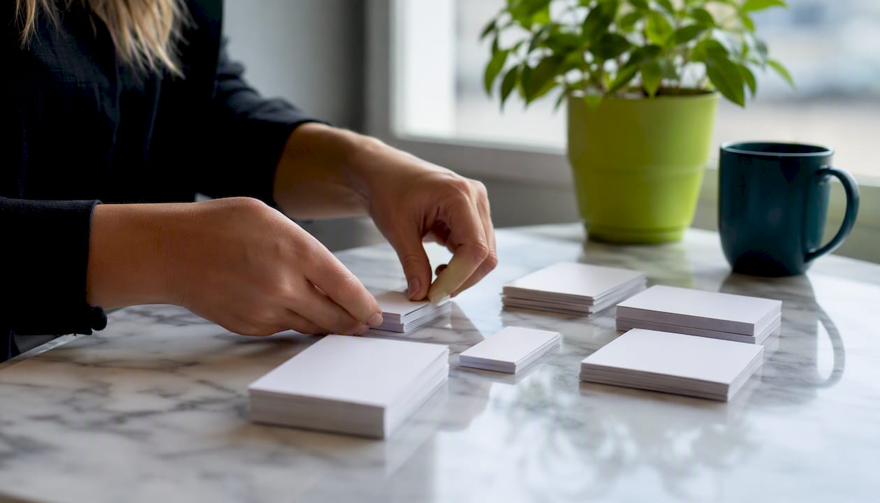 Hands aligning blank contact cards on desk