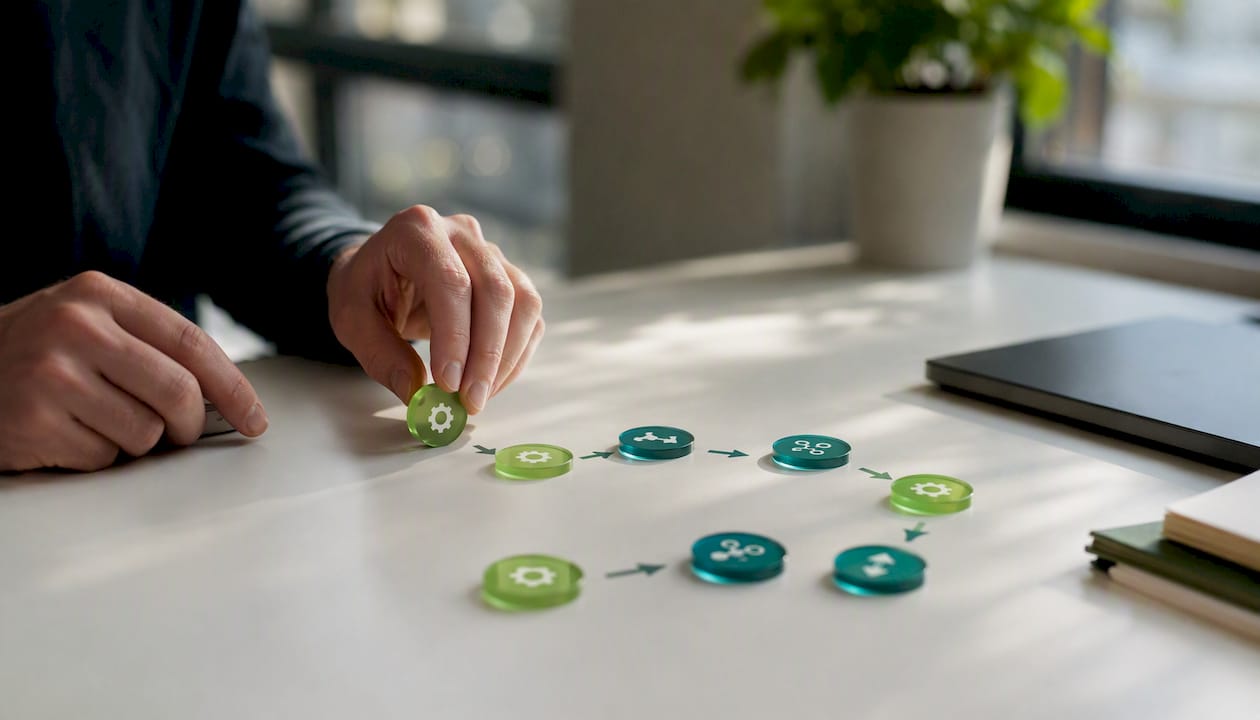 Hands arranging automation workflow tokens
