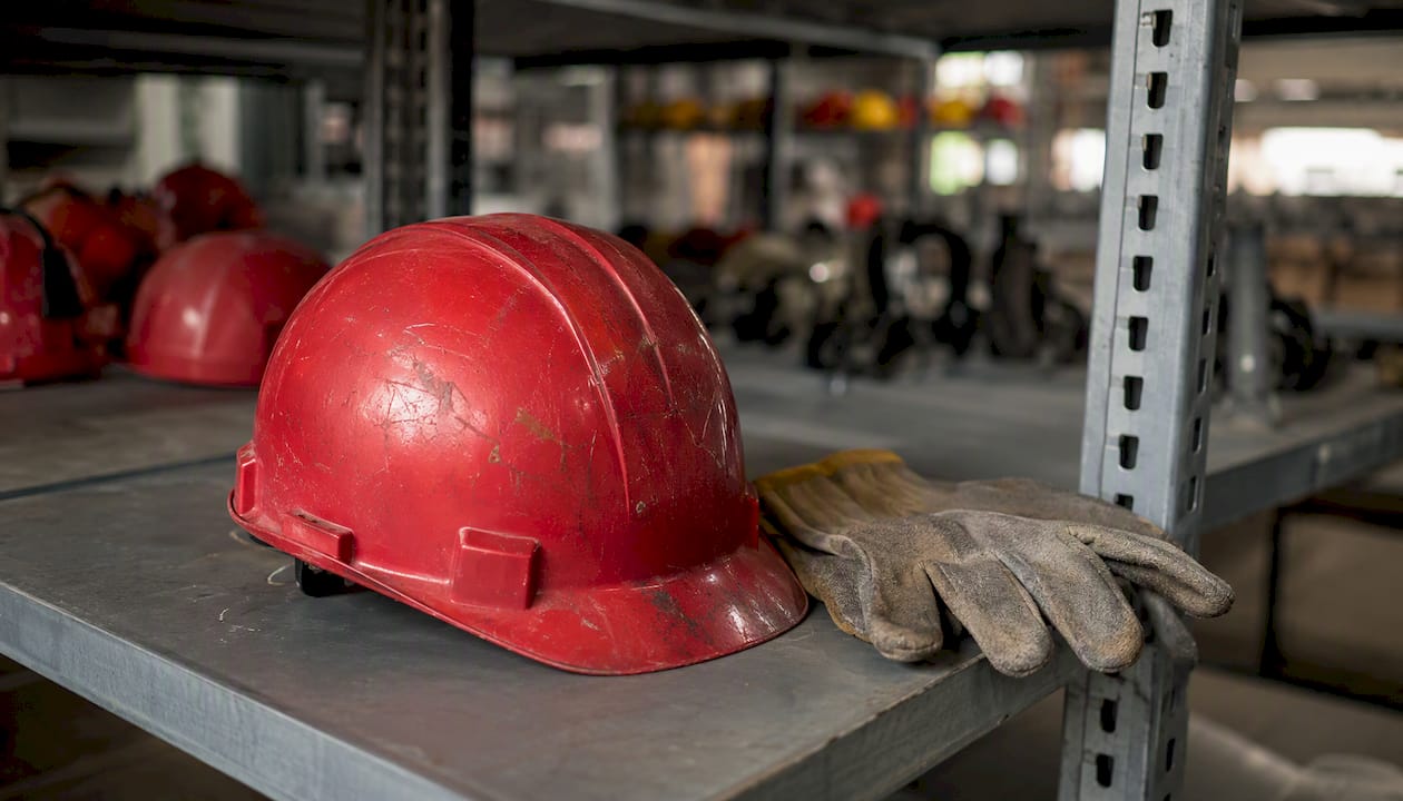 Capacete de segurança e luvas apoiados em uma prateleira de metal