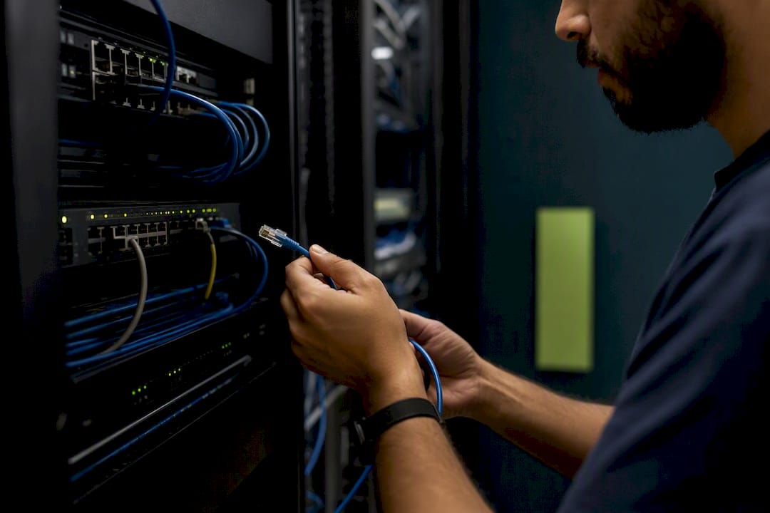 Hands connecting network cable in server rack