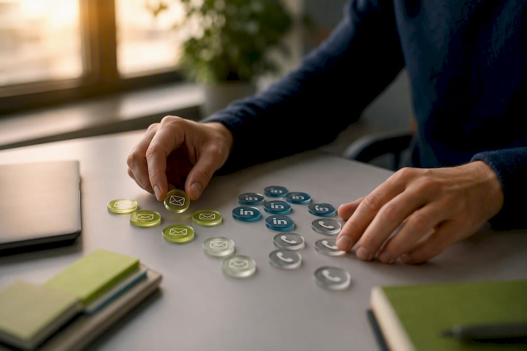 Hands arranging outreach channel tokens