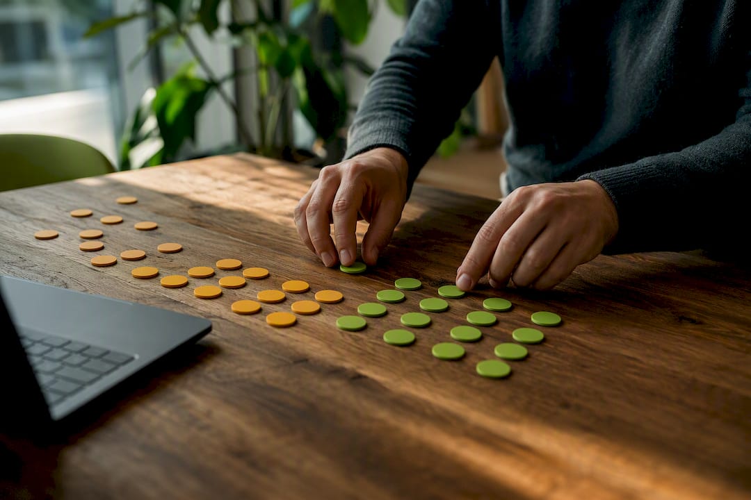 Hands sorting sales tokens by priority