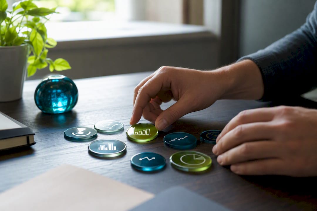 Hands placing marketing metric tokens on desk