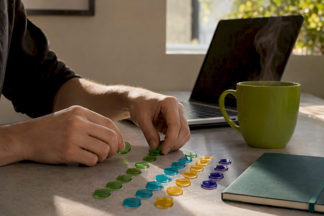 Hands organizing colorful data tokens on desk