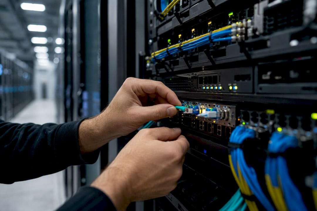 Hands connecting cable in server room