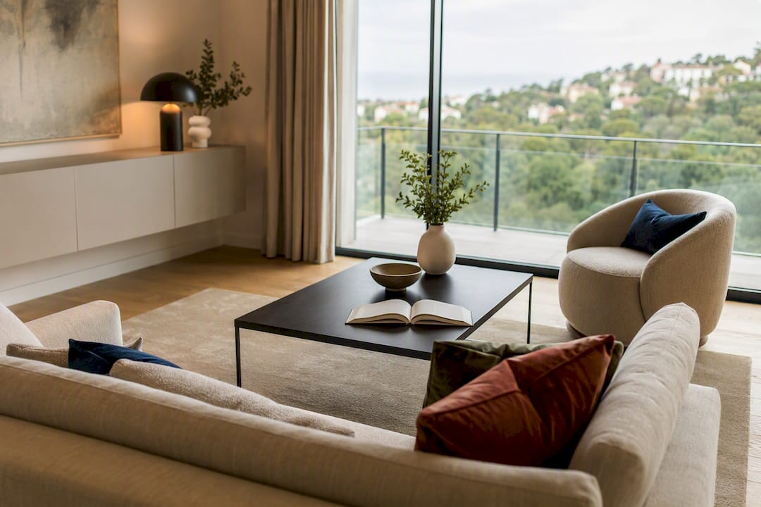 Sala de estar decorada para visitas a imóveis