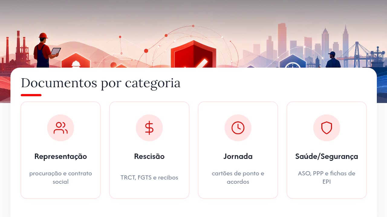 Diagrama de checklist com categorias de documentos para defesa trabalhista
