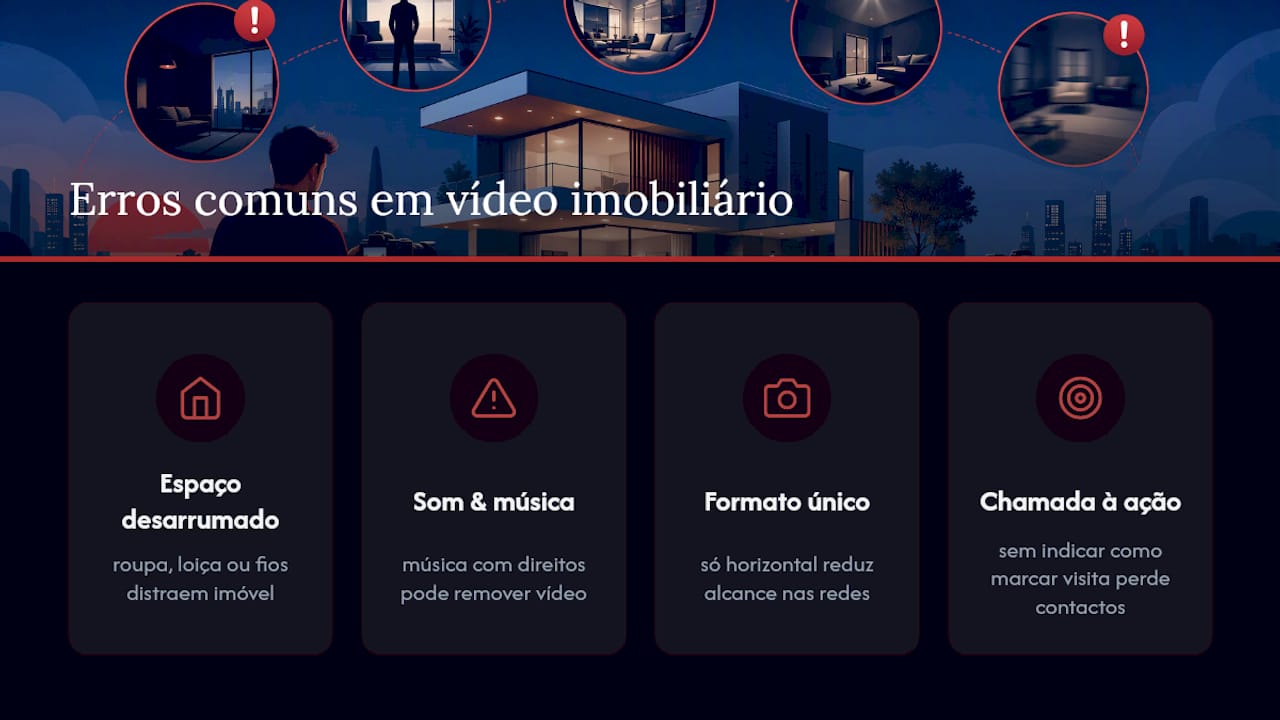 Diagrama dos erros mais comuns na produção de vídeos imobiliários