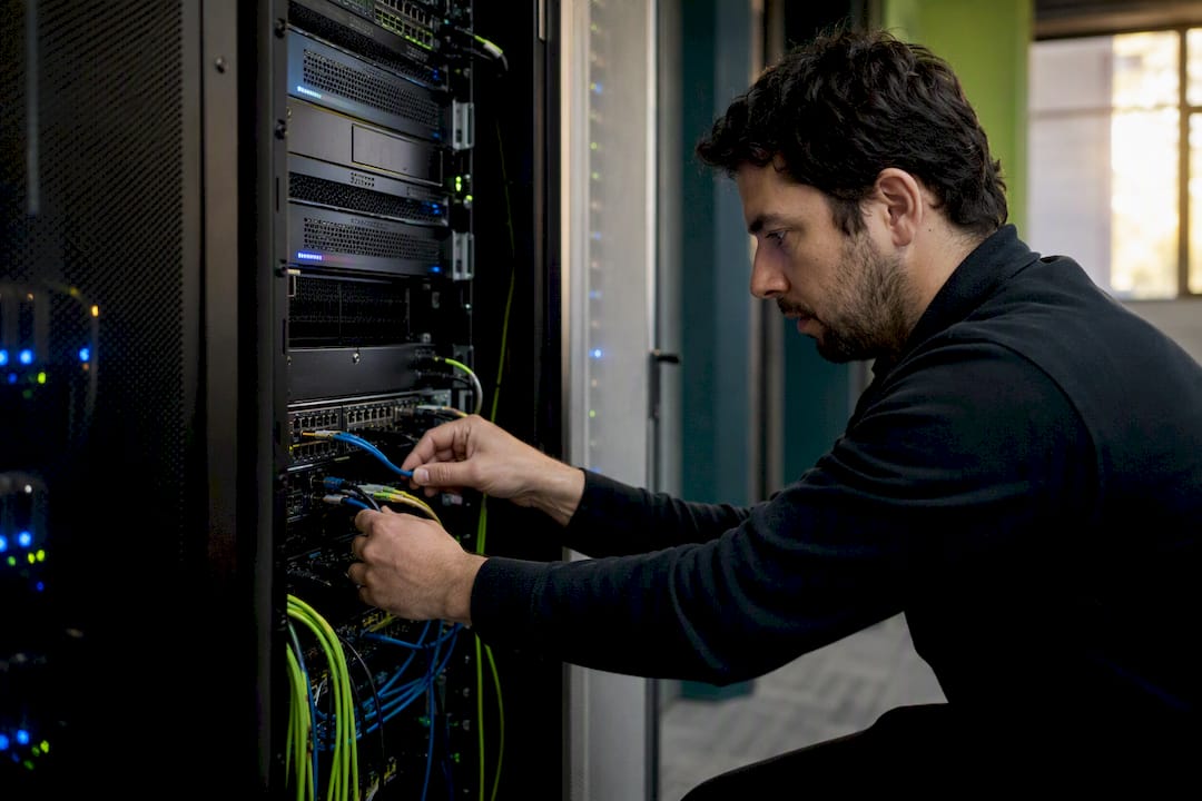 Hands connecting server network cables
