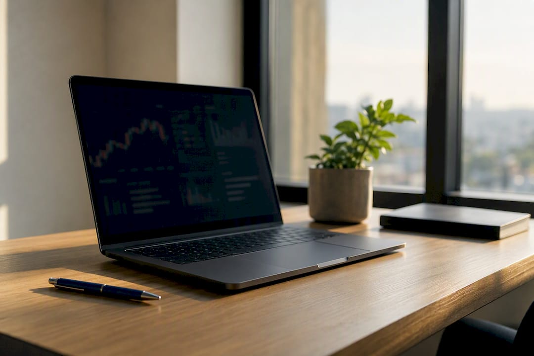 Gráficos financeiros desfocados num ecrã de computador escuro