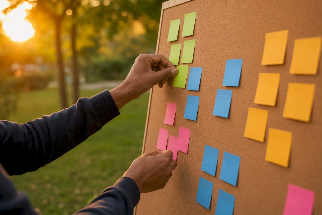 Hands grouping color tags on wall for affinity mapping