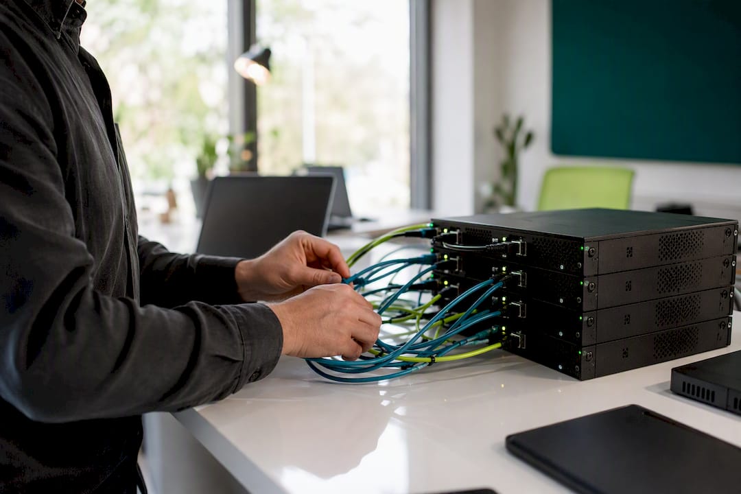 Hands connecting network cables in AI prospecting setup