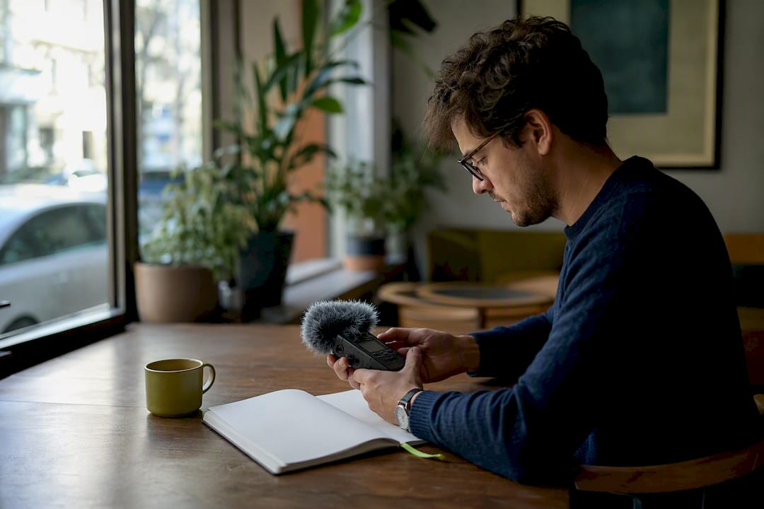 Person setting up audio recorder for interview