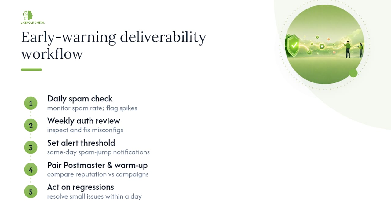 Postmaster early-warning monitoring workflow