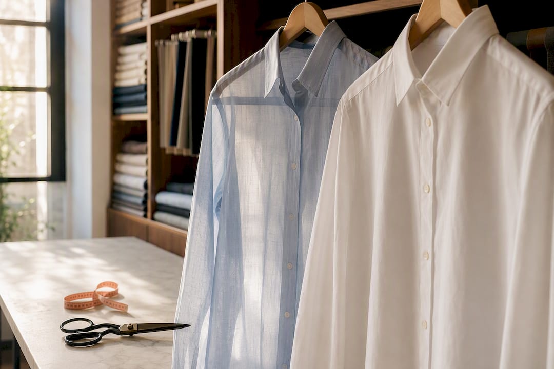 Camisas de algodão leve feitas em atelier organizado