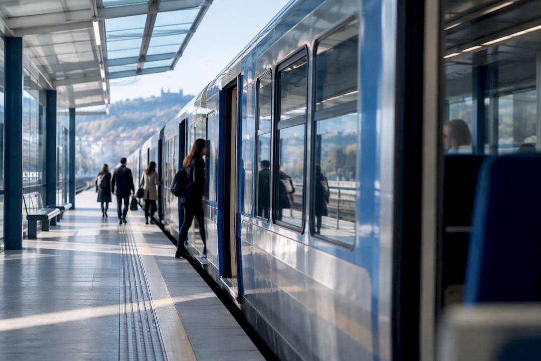 Comboio suburbano a partir de uma estação