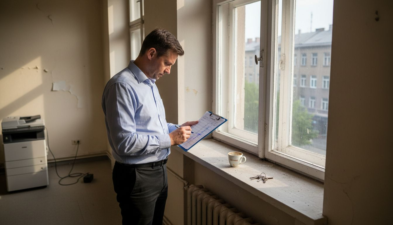Upravljalec nepremičnin pregleduje seznam obveznosti najemne pogodbe.