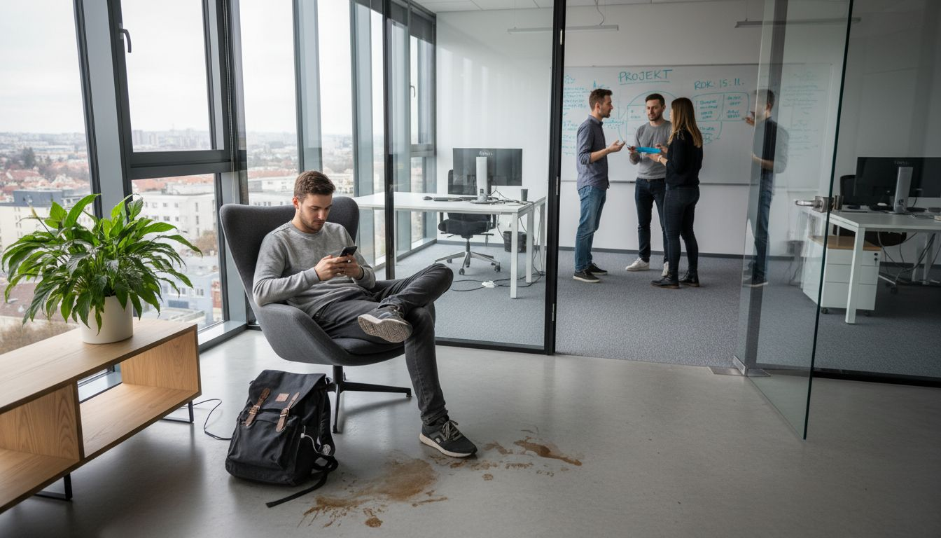 Mirna pisarna, v ozadju pritajeni pogovori sodelavcev