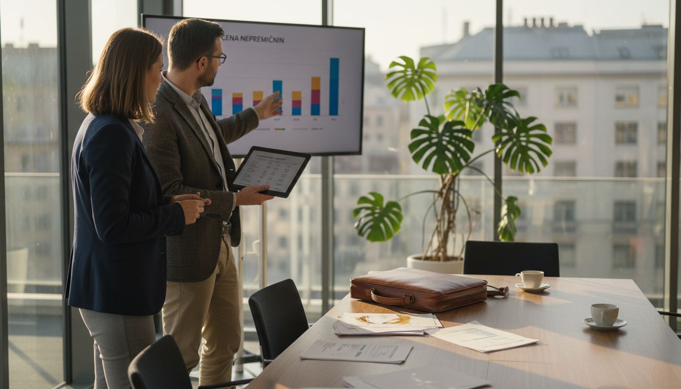 Ekipa na sestanku skupaj pregleduje oceno nepremičnine.