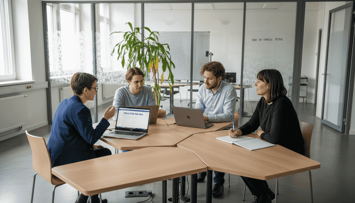 Sodelavci skupaj ustvarjajo in izmenjujejo ideje v sodobno zasnovani odprti pisarni, kjer je delo prilagojeno različnim potrebam in načinu dela.