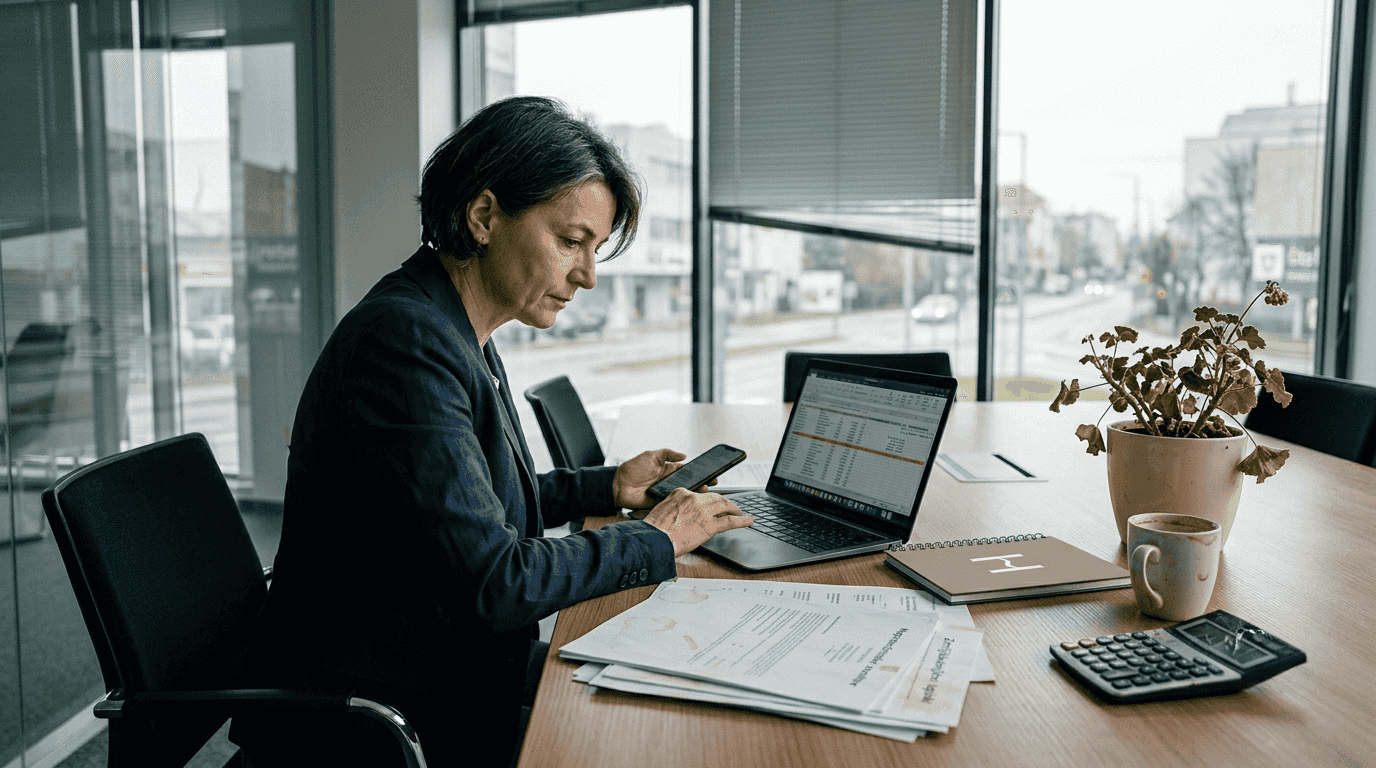 Poslovna ženska pregleduje dokumentacijo za oceno vrednosti pisarniških prostorov.