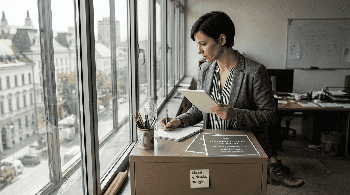 Ženska ob oknu preučuje podatke o nepremičninskem trgu.