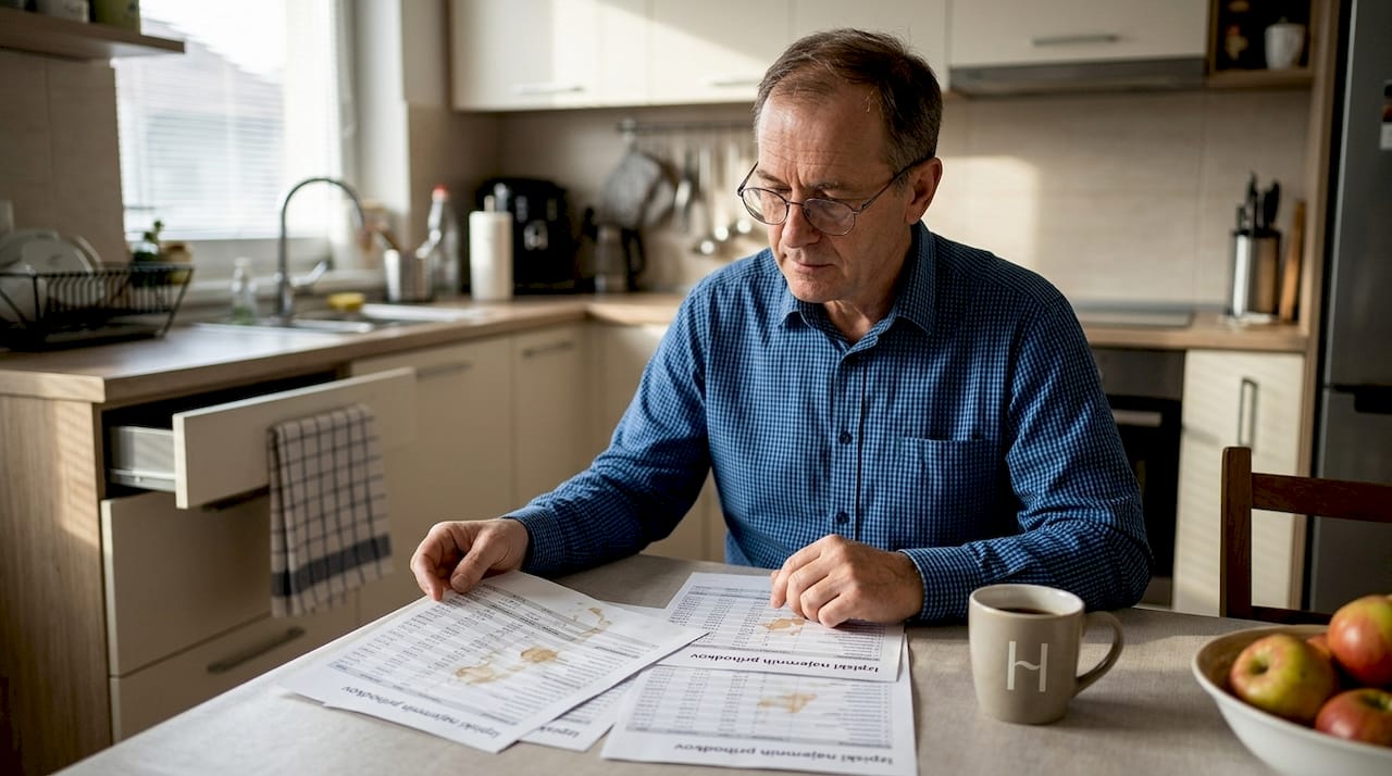 Lastnik stanovanja pregleduje najemno dokumentacijo za kuhinjsko mizo.