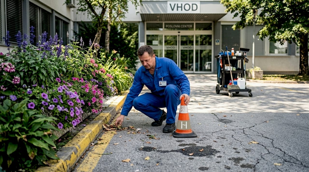 Delavec ureja parkirišče pri poslovni stavbi.