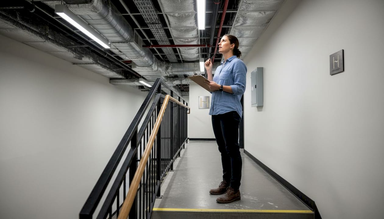 Inženirka izvaja nadzor kakovosti v poslovni stavbi.