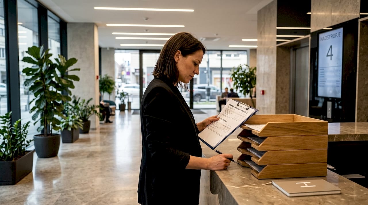 Vodja si v preddverju pisarne ogleduje račune.