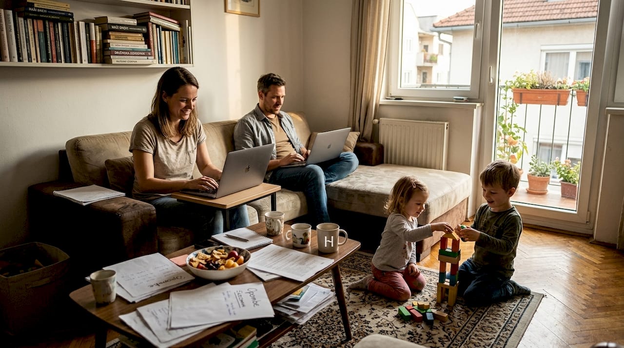 Družina skupaj dela v domači dnevni sobi, kjer se čuti toplina vsakdanjega življenja.