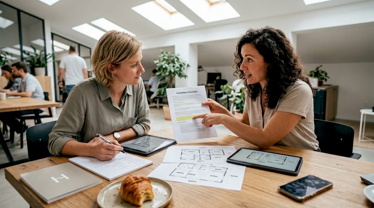 Dve ženski se ob mizi dogovarjata o pogojih najema.