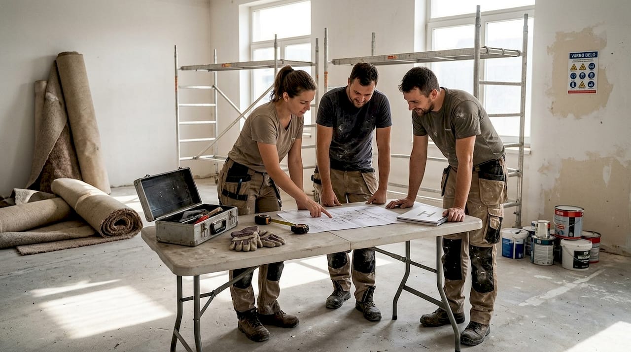 Ekipa za prenovo pripravlja načrt za preureditev pisarniških prostorov.