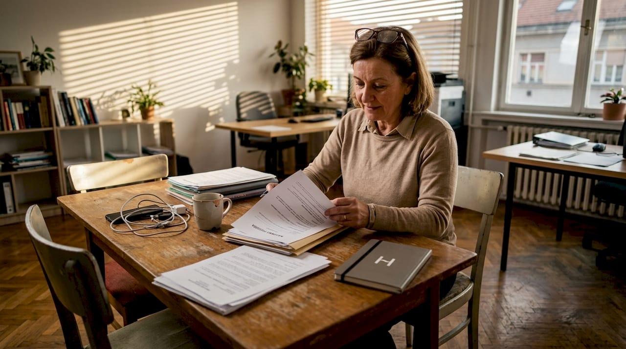 Lastnik preverja najemne pogodbe v delovnem prostoru v Mariboru.